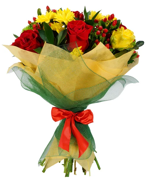 Bouquet de chrysanthèmes et de rose rouge — Photo