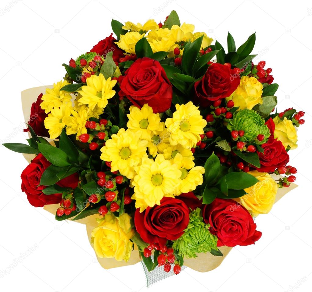 Bouquet of chrysanthemums and red rose