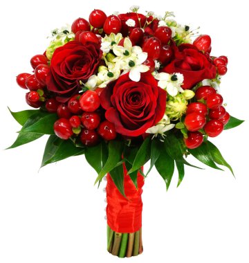 Bridal bouquet of red roses hypericum and ornithogalum clipart
