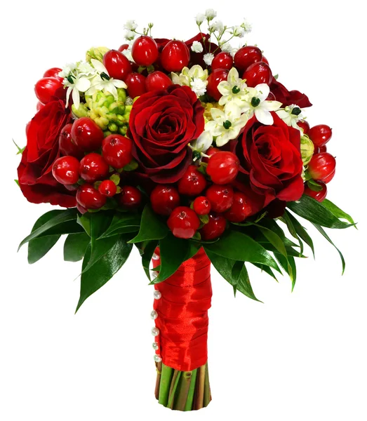 Bridal bouquet of red roses hypericum and ornithogalum — Stock Photo, Image