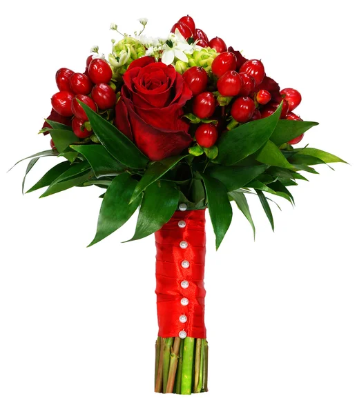 Bridal bouquet of red roses hypericum and ornithogalum — Stock Photo, Image