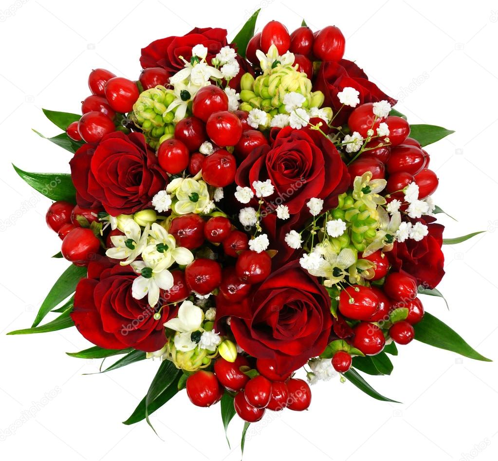 Bridal bouquet of red roses hypericum and ornithogalum