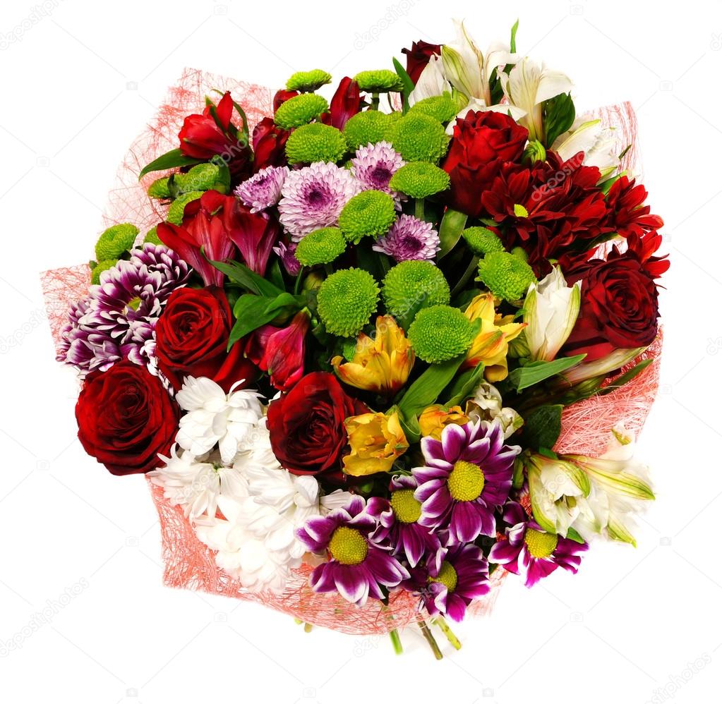 Bouquet of chrysanthemums and red roses
