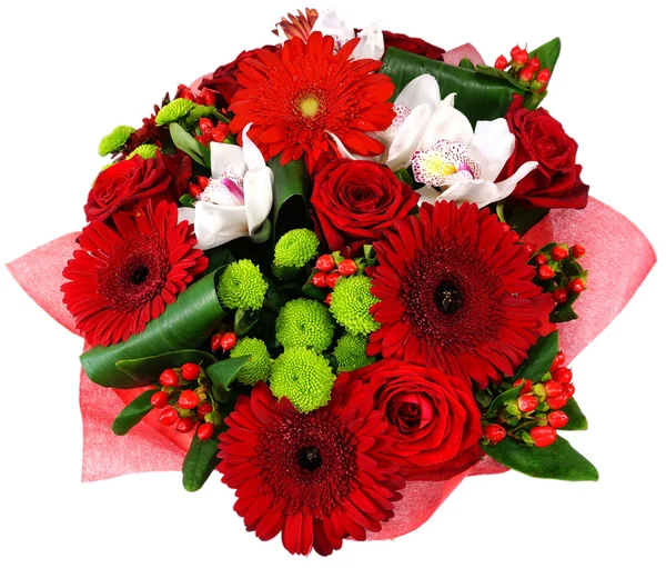 Bouquet of flowers in red package — Stock Photo, Image