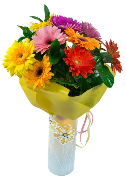 Bouquet of flowers in yellow package and vase — ストック写真