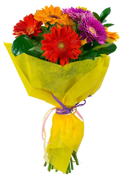Bouquet of flowers in yellow package — Stok fotoğraf