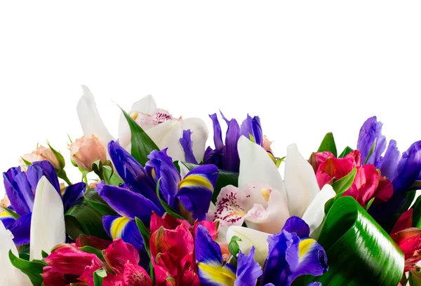 Корзина с цветами орхидеи и ирисы — стоковое фото