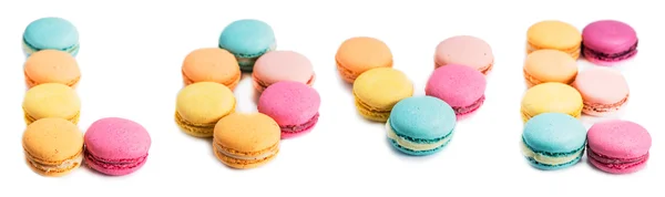 Felirat szerelem színes és finom francia sütiket Macarons a w — Stock Fotó