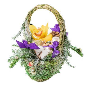 Sarı Cymbidium orkide çiçek yay, pamuk ile Noel sepeti