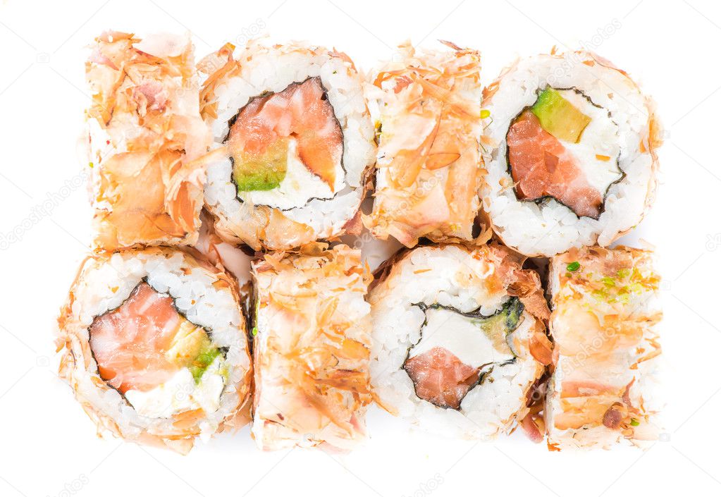 close-up of traditional fresh japanese seafood sushi rolls on a 