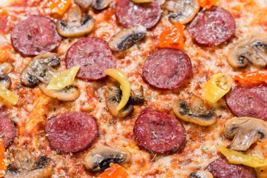 closeup lezzetli pizza domates, peynir, fesleğen ve sosis ile