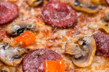 closeup lezzetli pizza domates, peynir, fesleğen ve sosis ile