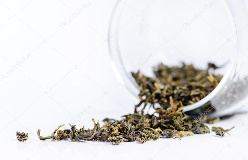 closeup of Bao Zhong Oolong Tea isolated on white background