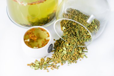 close-up of Japanese tea with rice Genmaicha and brewed tea in a clipart