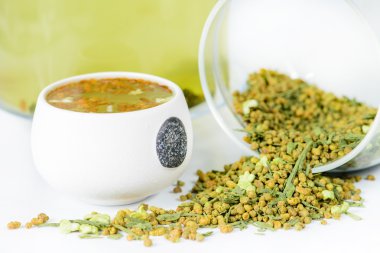 close-up of Japanese tea with rice Genmaicha and brewed tea in a
