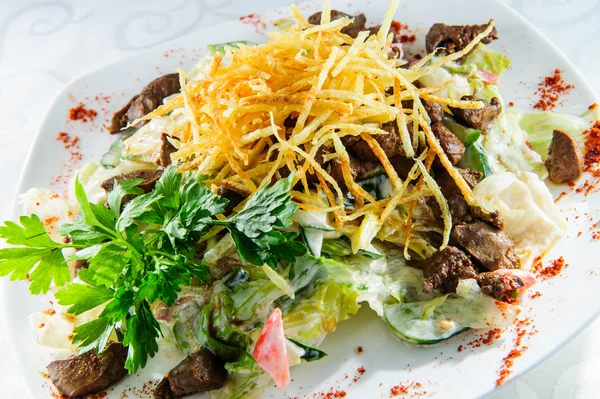 Meat salad topped with french fries. — Stock Photo, Image