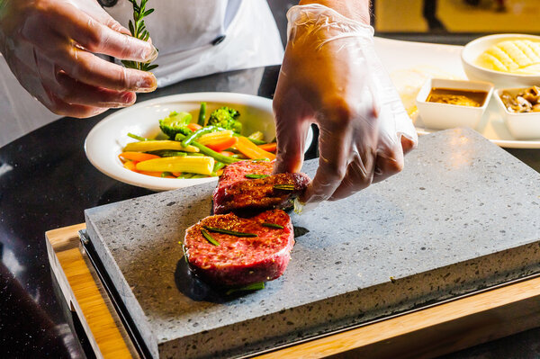 Steak cooked on lava-stone