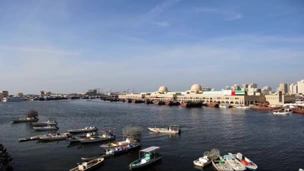 Vista de la laguna de Sharjah en la zona del mercado de pescado . — Vídeos de Stock