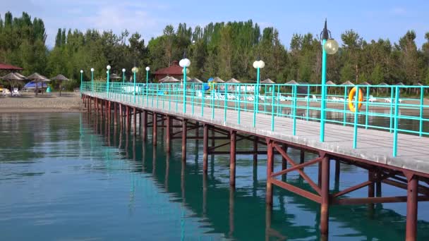 Muelle vacío, sombrillas de caña y tumbonas contra árboles. Vídeo de temporada baja 4K — Vídeo de stock