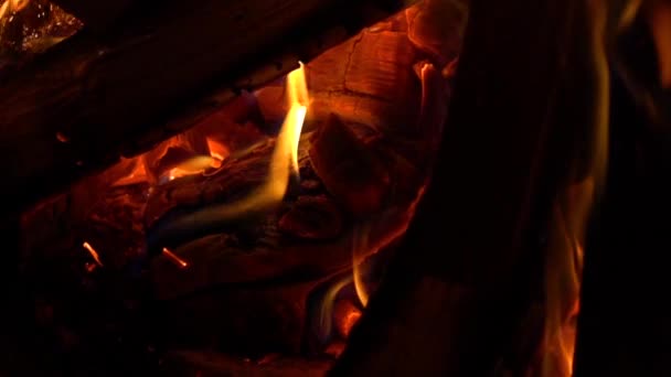 Super zpomaleně blízko se záběr táborového ohně v temnotě — Stock video