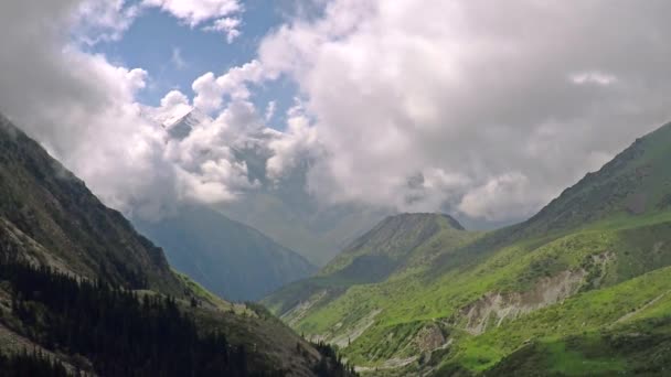 夏の山の谷と雲の空中ショットは。キルギス山脈 — ストック動画