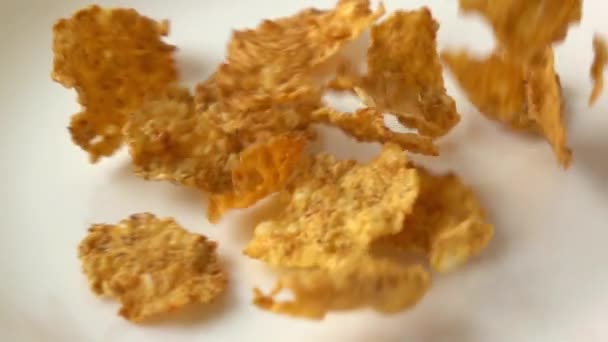 Copos de maíz, frutas secas y pasas de uva se dispersan en el plato super cámara lenta de vídeo — Vídeos de Stock
