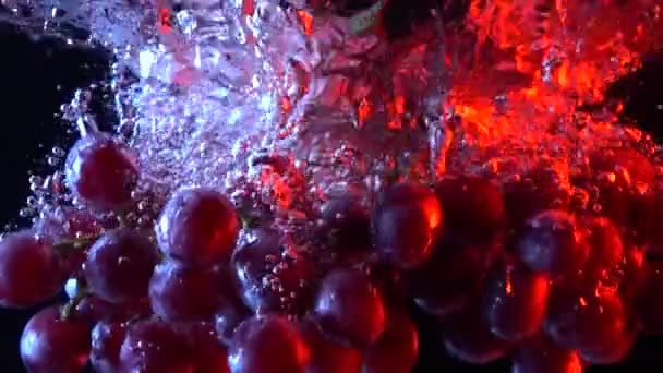 Bouquet de raisins rouges tombant dans l'eau gros plan tir au ralenti super — Video