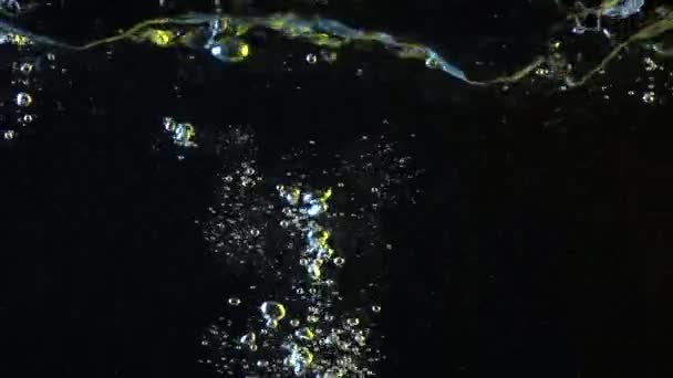 Super slow motion close up video of lemon falling into water, black background — Stock Video