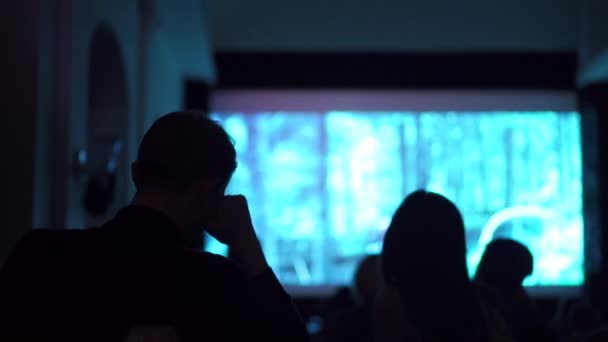 Siluetas de personas viendo películas en la sala de cine oscuro — Vídeo de stock