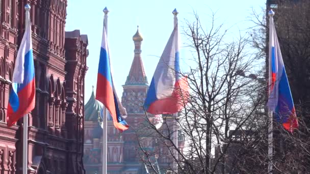 Russian flags against St. Basils cathedral on Red square in Moscow — Stock Video