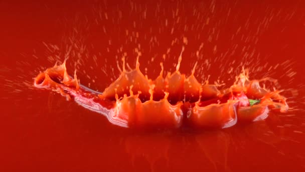 El chile rojo picante golpea la superficie de la salsa roja. Super cámara lenta de vídeo — Vídeos de Stock