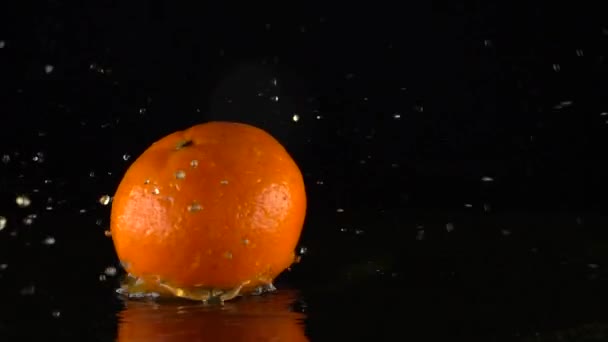 Falling mandarin hitting orange juice surface slow motion shot. Black background — Stock Video