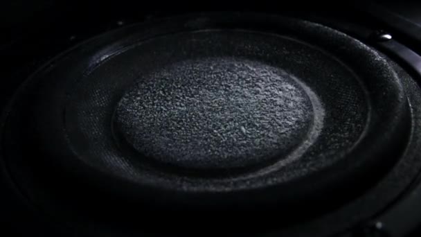 Bass loud speaker throws dust in the air. Super slow motion. Equalizer concept — Stock Video