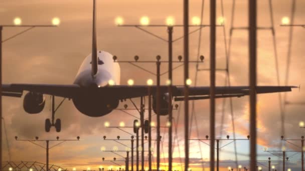 Airbus A321 atterrissage de ligne à l'aéroport contre un beau ciel nuageux au coucher du soleil — Video