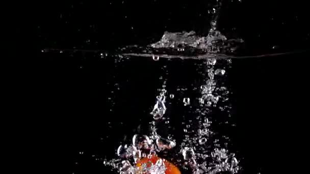 Super cámara lenta: cuatro tomates rojos caen y flotan en el agua, fondo negro — Vídeo de stock
