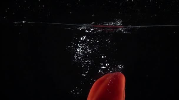 Rote reife Paprika in Wasser getaucht, Super-Zeitlupe-Video — Stockvideo