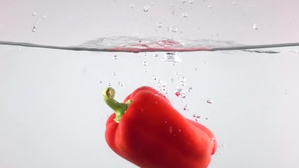 Sladká červená paprika upadajících do vody, bílá pozadí super pomalý pohyb — Stock video