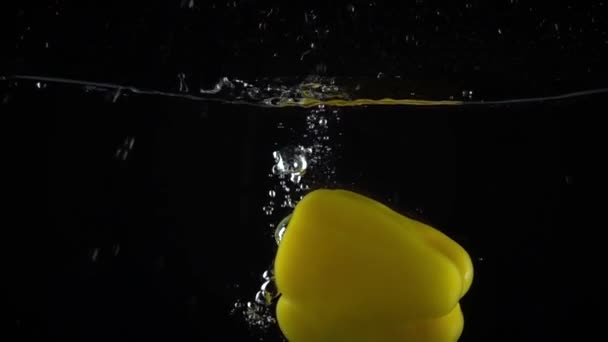 Yellow bell pepper falls down in water, black background super slow motion shot — Stock Video