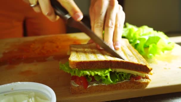 Dziewczyna cięcia kanapkę z Sałatka z liści, rozprzestrzeniania, pomidory i ser — Wideo stockowe