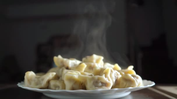 Φρεσκομαγειρεμένο σωρό αχνιστό pelmeni σε ένα πιάτο — Αρχείο Βίντεο