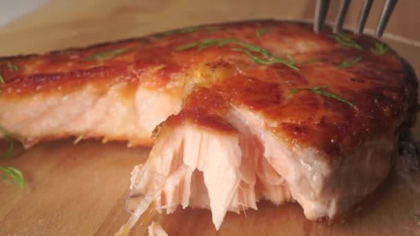 Raccolta di pezzi di bistecca di salmone con una forchetta, primo piano colpo — Video Stock