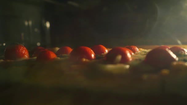 Hornear pizza casera en el horno — Vídeo de stock