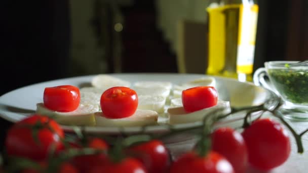 制作意大利干酪和番茄沙拉凯普莱斯说。集的一部分 — 图库视频影像