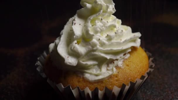 Poederen chocolade poeder op zelfgemaakte muffin — Stockvideo