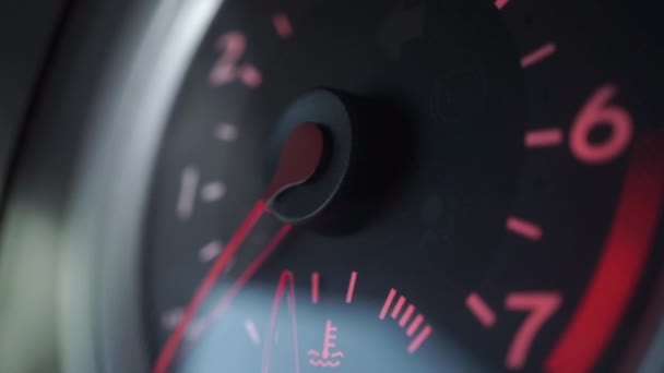 Engine starting, revving and stopping. Shallow focus close up tachometer video — Stock Video