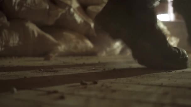 Army støvle rammer beskidt trægulv. Luk slow motion video – Stock-video