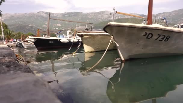 Bela vista de barcos perto do cais — Vídeo de Stock