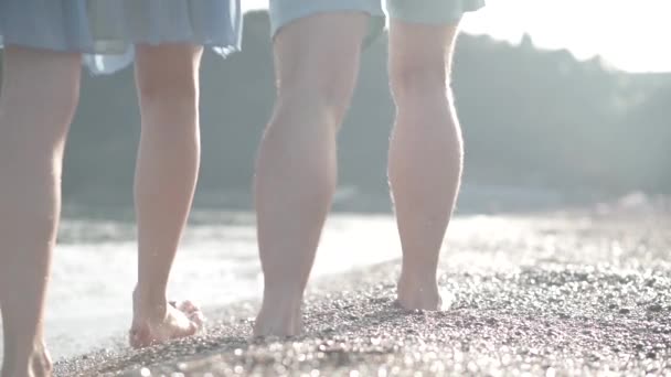 Ett älskande par promenader längs stranden hand i hand — Stockvideo