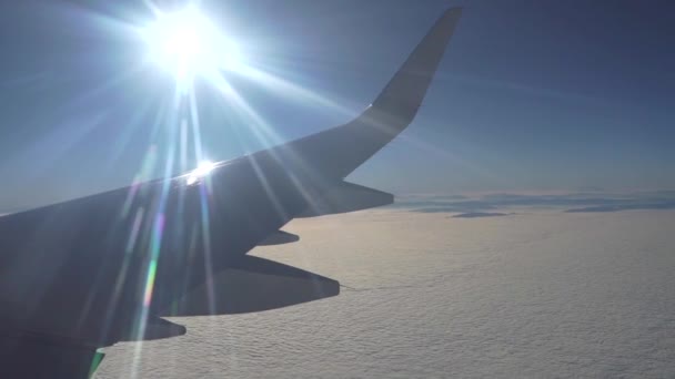 Avión volando por encima de las nubes. Vista desde ojo de buey — Vídeos de Stock