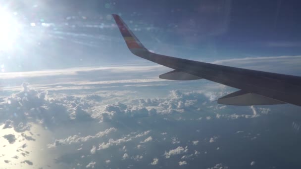 Utasszállító repülőgép repülő felett szűkös felhők és a tenger, egy napsütéses napon — Stock videók
